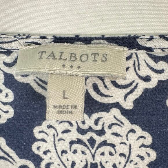 Talbots Women’s L Tunic Top Blouse Cotton Navy White V-Neck Lace Medallion Boho - Picture 3 of 8